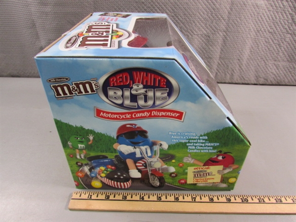 NEW RED, WHITE & BLUE MOTORCYCLE M&M CANDY DISPENSER