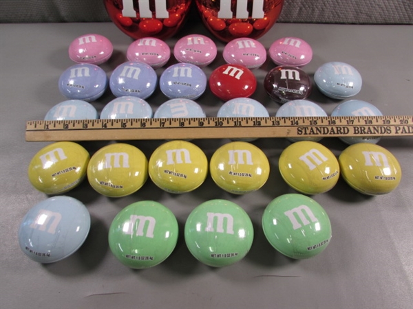 SMALL METAL M&M TINS & 2 PLASTIC M&M CONTAINERS