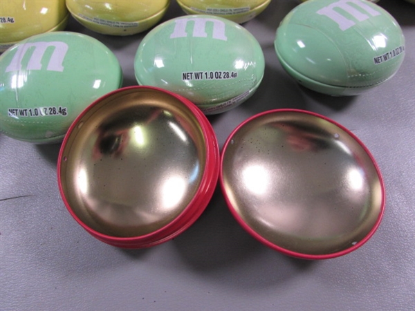 SMALL METAL M&M TINS & 2 PLASTIC M&M CONTAINERS