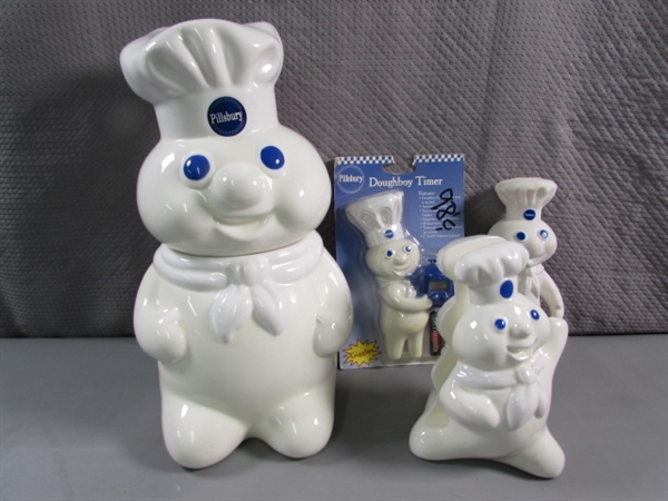 PILLSBURY DOUGHBOY COOKIE JAR, TIMER, NAPKIN HOLDER & VINYL DOLL