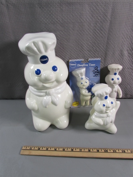 PILLSBURY DOUGHBOY COOKIE JAR, TIMER, NAPKIN HOLDER & VINYL DOLL