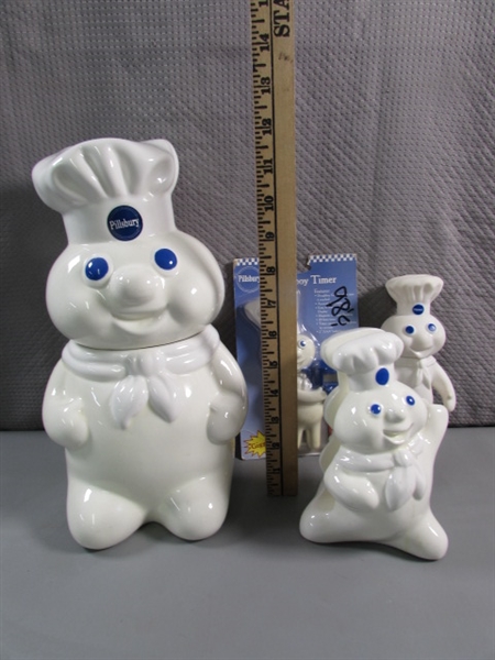 PILLSBURY DOUGHBOY COOKIE JAR, TIMER, NAPKIN HOLDER & VINYL DOLL