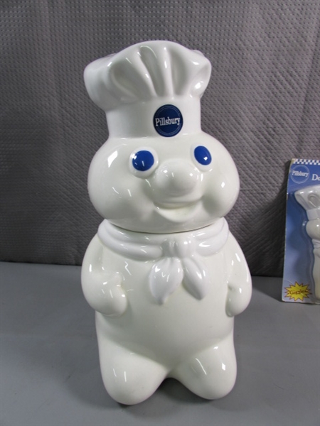 PILLSBURY DOUGHBOY COOKIE JAR, TIMER, NAPKIN HOLDER & VINYL DOLL