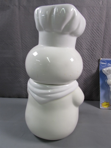 PILLSBURY DOUGHBOY COOKIE JAR, TIMER, NAPKIN HOLDER & VINYL DOLL