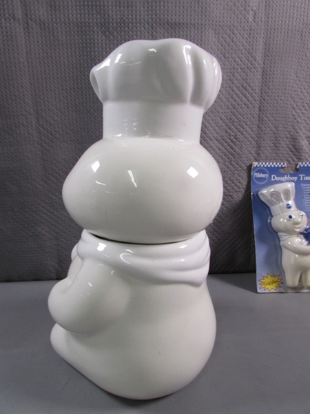 PILLSBURY DOUGHBOY COOKIE JAR, TIMER, NAPKIN HOLDER & VINYL DOLL