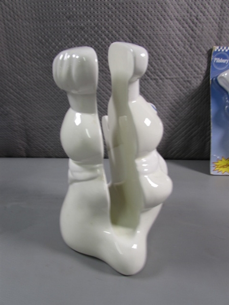 PILLSBURY DOUGHBOY COOKIE JAR, TIMER, NAPKIN HOLDER & VINYL DOLL