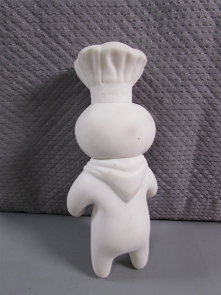 PILLSBURY DOUGHBOY COOKIE JAR, TIMER, NAPKIN HOLDER & VINYL DOLL