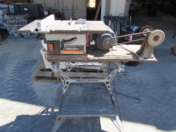 BLACK & DECKER TABLE SAW & BENCH GRINDER MOUNTED ON PORTABLE STAND