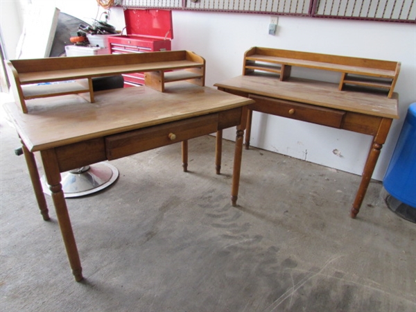 PAIR OF WOODEN DESKS W/KEYBOARD DRAWERS