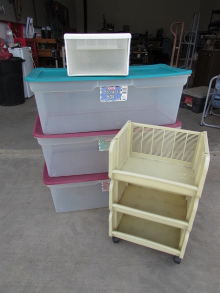 3-90 QT STERILITE BINS W/LIDS, ROLLING 3-PIECE STORAGE & SINGLE DRAWER STORAGE