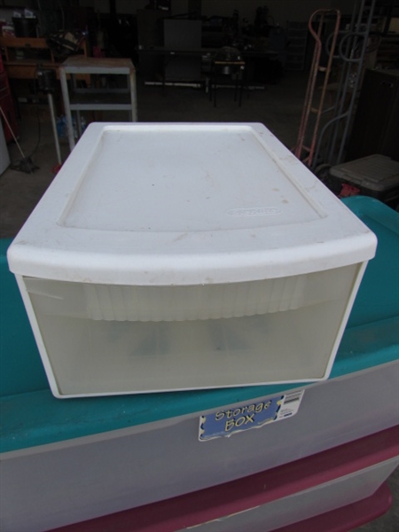 3-90 QT STERILITE BINS W/LIDS, ROLLING 3-PIECE STORAGE & SINGLE DRAWER STORAGE