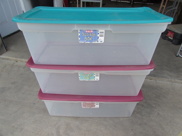 3-90 QT STERILITE BINS W/LIDS, ROLLING 3-PIECE STORAGE & SINGLE DRAWER STORAGE