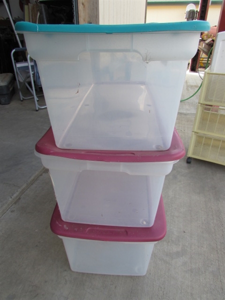 3-90 QT STERILITE BINS W/LIDS, ROLLING 3-PIECE STORAGE & SINGLE DRAWER STORAGE