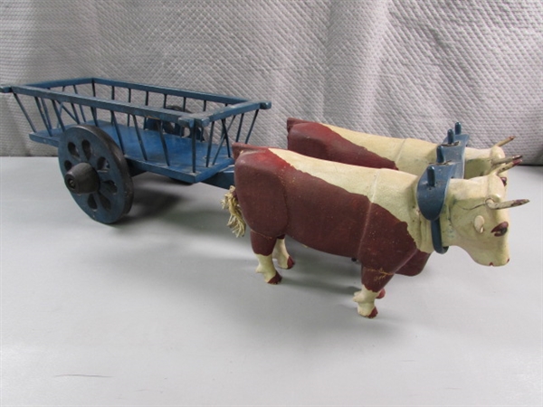 FOLK ART VINTAGE CARVED WOODEN YOKED OXEN PULLING CART