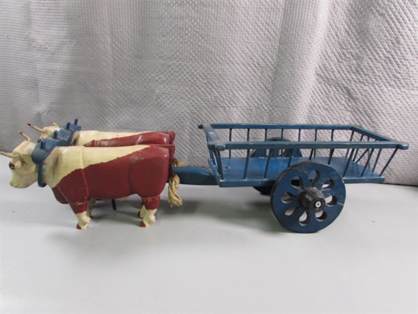 FOLK ART VINTAGE CARVED WOODEN YOKED OXEN PULLING CART