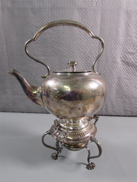 VINTAGE/ANTIQUE SILVERPLATE TEA KETTLE ON WARMING STAND