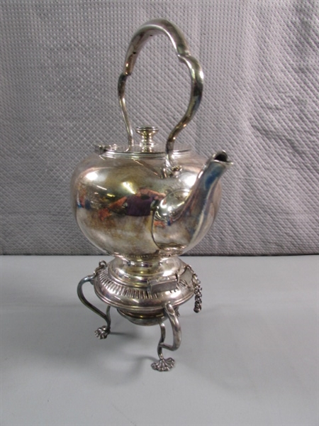 VINTAGE/ANTIQUE SILVERPLATE TEA KETTLE ON WARMING STAND