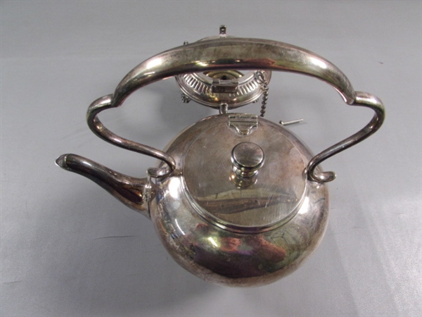 VINTAGE/ANTIQUE SILVERPLATE TEA KETTLE ON WARMING STAND