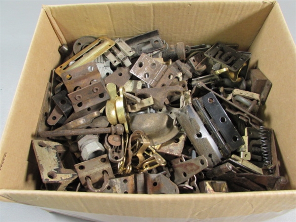 BOX OF SMALL HINGES, LATCHES, ETC.