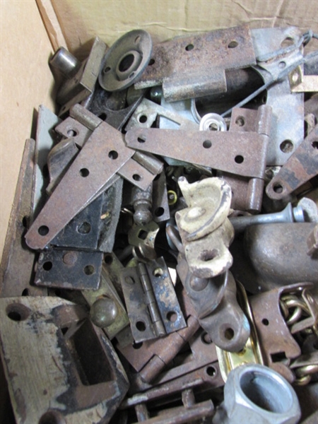 BOX OF SMALL HINGES, LATCHES, ETC.