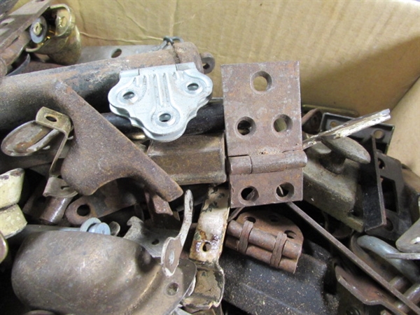 BOX OF SMALL HINGES, LATCHES, ETC.