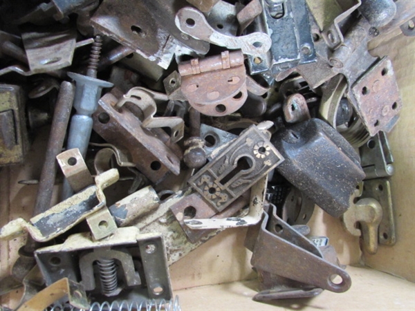 BOX OF SMALL HINGES, LATCHES, ETC.