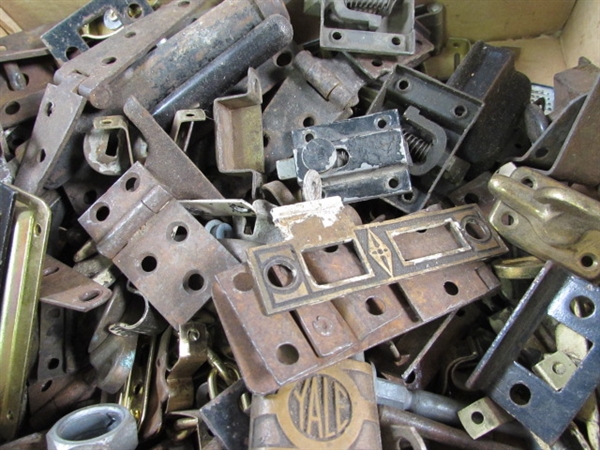 BOX OF SMALL HINGES, LATCHES, ETC.