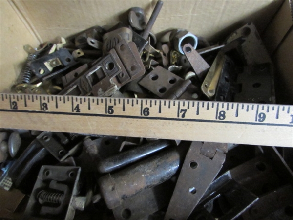 BOX OF SMALL HINGES, LATCHES, ETC.