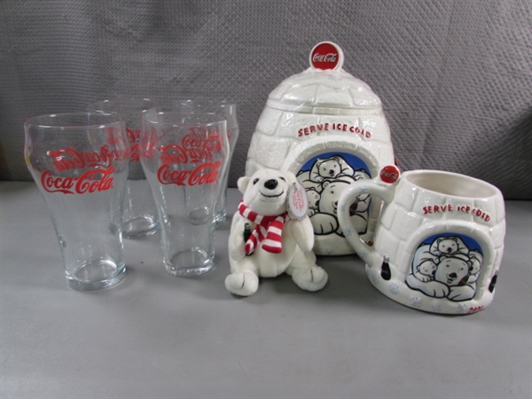 COCA-COLA IGLOO COOKIE JAR & MUG, PLUSH BEAR & 4 DRINKING GLASSES