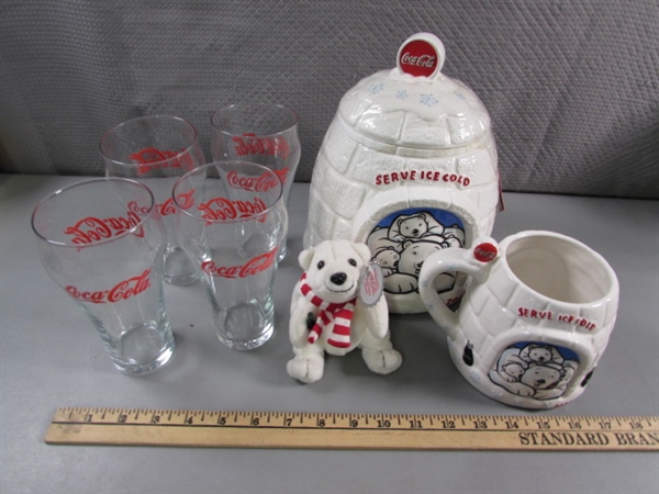 COCA-COLA IGLOO COOKIE JAR & MUG, PLUSH BEAR & 4 DRINKING GLASSES