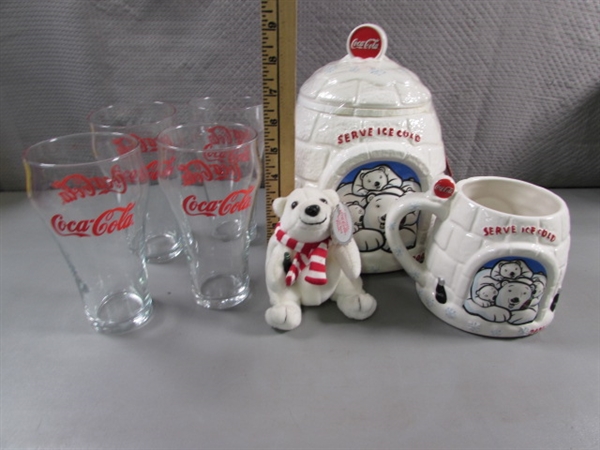 COCA-COLA IGLOO COOKIE JAR & MUG, PLUSH BEAR & 4 DRINKING GLASSES