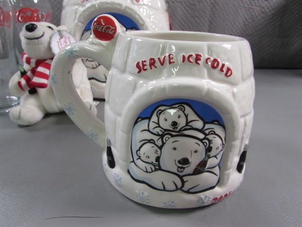 COCA-COLA IGLOO COOKIE JAR & MUG, PLUSH BEAR & 4 DRINKING GLASSES