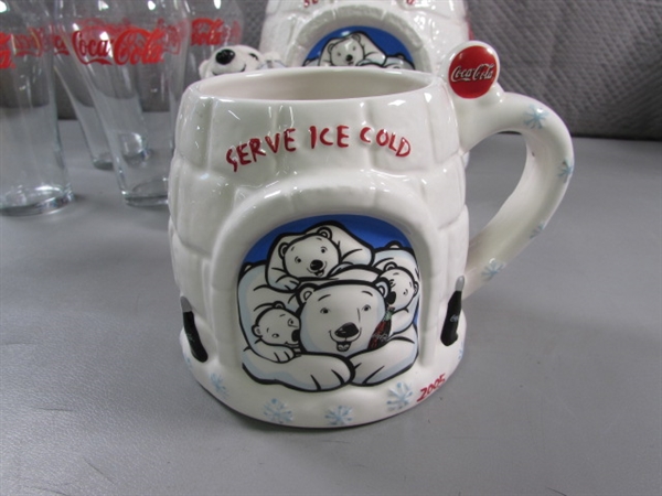 COCA-COLA IGLOO COOKIE JAR & MUG, PLUSH BEAR & 4 DRINKING GLASSES