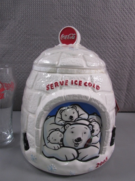 COCA-COLA IGLOO COOKIE JAR & MUG, PLUSH BEAR & 4 DRINKING GLASSES