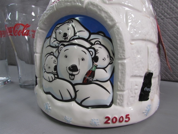 COCA-COLA IGLOO COOKIE JAR & MUG, PLUSH BEAR & 4 DRINKING GLASSES