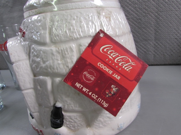 COCA-COLA IGLOO COOKIE JAR & MUG, PLUSH BEAR & 4 DRINKING GLASSES