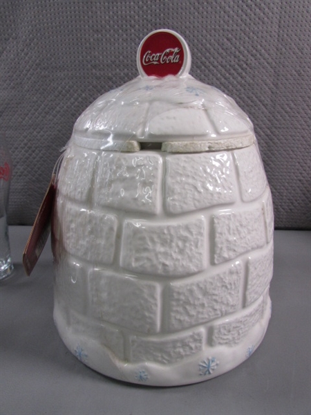 COCA-COLA IGLOO COOKIE JAR & MUG, PLUSH BEAR & 4 DRINKING GLASSES