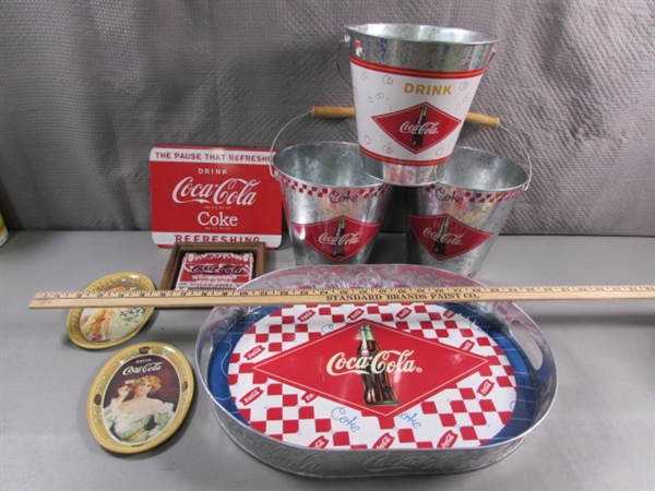 TIN COCA COLA ITEMS + ADVERTISING MIRROR