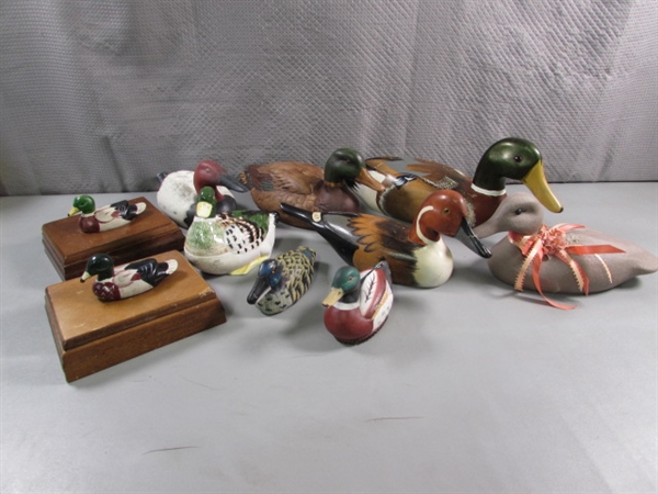 PORCELAIN, CERAMIC, WOODEN DUCKS DECOR & 2 PLAYING CARD BOXES