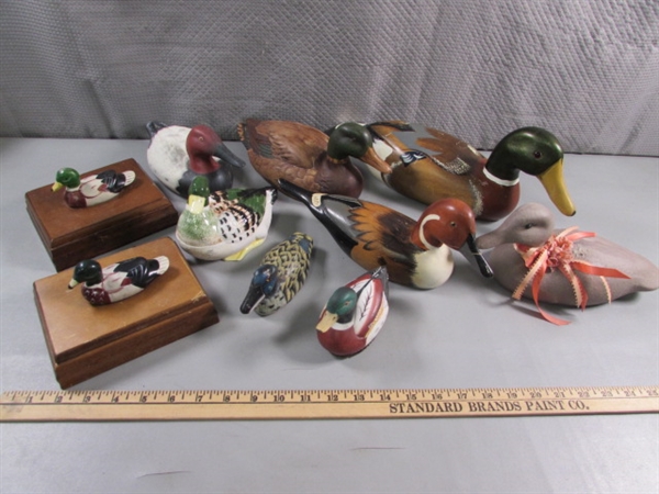 PORCELAIN, CERAMIC, WOODEN DUCKS DECOR & 2 PLAYING CARD BOXES