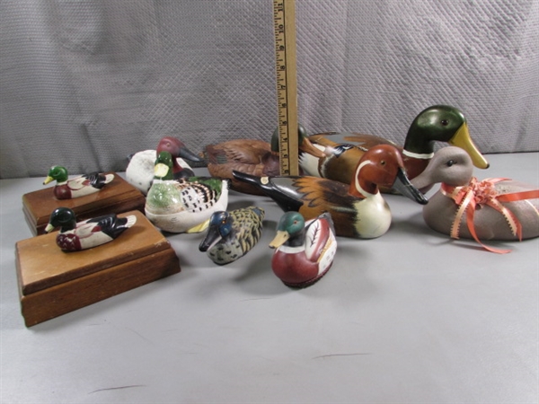 PORCELAIN, CERAMIC, WOODEN DUCKS DECOR & 2 PLAYING CARD BOXES