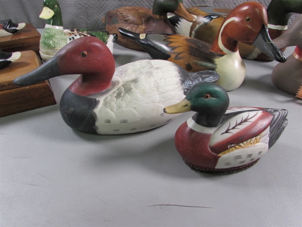 PORCELAIN, CERAMIC, WOODEN DUCKS DECOR & 2 PLAYING CARD BOXES