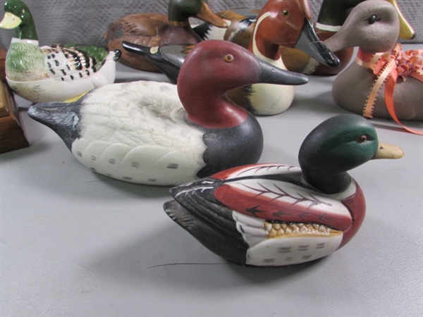 PORCELAIN, CERAMIC, WOODEN DUCKS DECOR & 2 PLAYING CARD BOXES