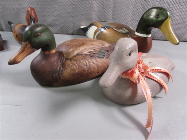 PORCELAIN, CERAMIC, WOODEN DUCKS DECOR & 2 PLAYING CARD BOXES