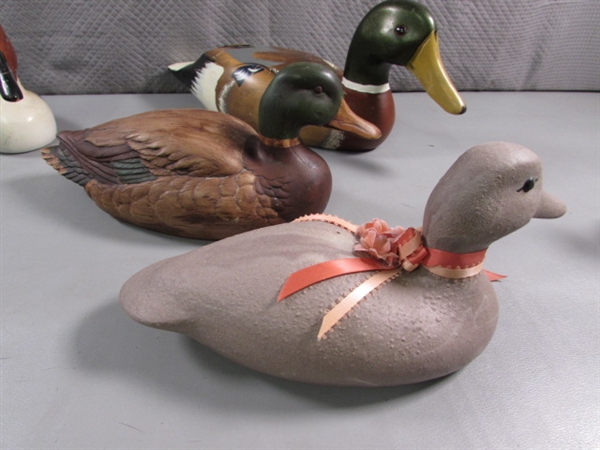 PORCELAIN, CERAMIC, WOODEN DUCKS DECOR & 2 PLAYING CARD BOXES