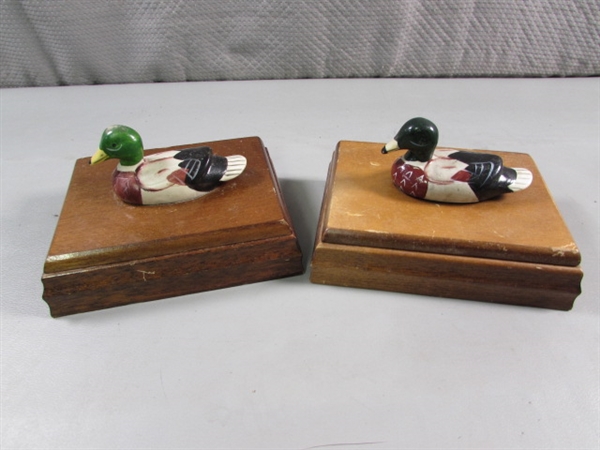 PORCELAIN, CERAMIC, WOODEN DUCKS DECOR & 2 PLAYING CARD BOXES