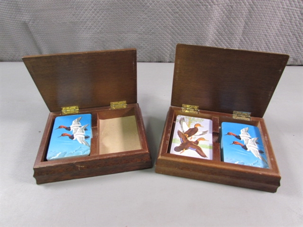 PORCELAIN, CERAMIC, WOODEN DUCKS DECOR & 2 PLAYING CARD BOXES