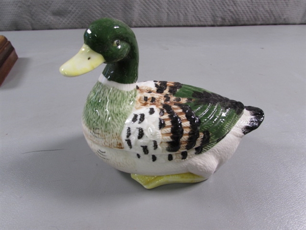 PORCELAIN, CERAMIC, WOODEN DUCKS DECOR & 2 PLAYING CARD BOXES