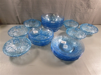 LARGE COLLECTION OF LIGHT BLUE GLASS SERVEWARE - ALL ARE NEW