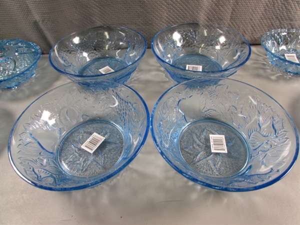 LARGE COLLECTION OF LIGHT BLUE GLASS SERVEWARE - ALL ARE NEW